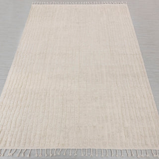 Hand-knotted rug in solid ivory with subtle vertical ribbed stripe pattern design, 8x10.