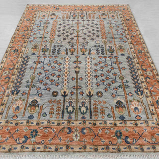 Hand-knotted rug in steel blue and terracotta with Persian garden floral pattern design, 8x10.