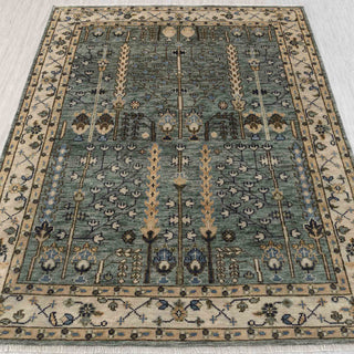 Hand-knotted rug in teal and cream with tree-of-life garden design, 8x10 ft