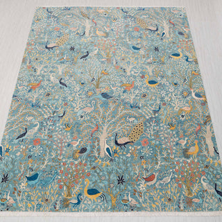 Hand-knotted rug in teal blue with birds and garden paradise design, 9x12 ft