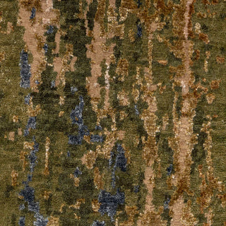 Hand-knotted wool-viscose rug featuring abstract striated pattern in green, blue, tan, 8x10.