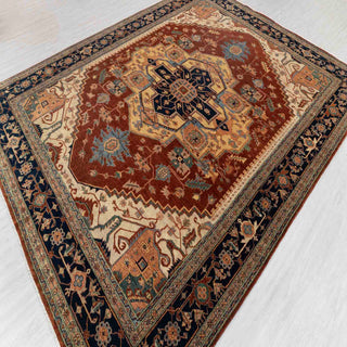 Hand-knotted wool Heriz rug featuring tribal medallion and floral pattern in rust, navy, blue, ivory, 8x10.