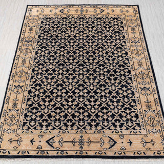 Hand-knotted wool rug featuring Mughal floral trellis pattern in navy, camel, beige, 9x12 size