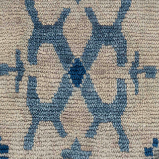 Hand-knotted wool rug featuring Oushak-style medallion, geometric border in soft blue beige tones, 9x12.