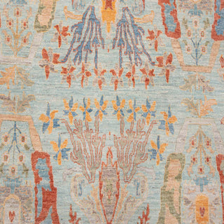 Hand-knotted wool rug featuring Tree of Life pattern in green coral teal ivory, 8x10 ft.