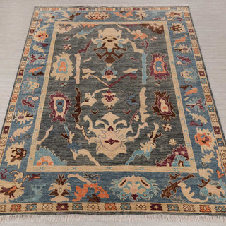 Hand-knotted wool rug featuring Turkish Oushak floral medallions and palmettes in teal, gold, rust, 9x12.