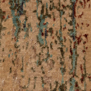 Hand-knotted wool rug featuring abstract brushstroke pattern in tan, turquoise, rust, 8x10.
