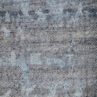 Hand-knotted wool rug featuring abstract painterly pattern in blue, taupe, charcoal, 9x12 size