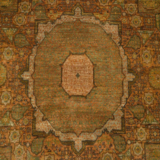 Hand-knotted wool rug featuring allover medallion pattern in sage, rust, gold tones, 8x10 feet