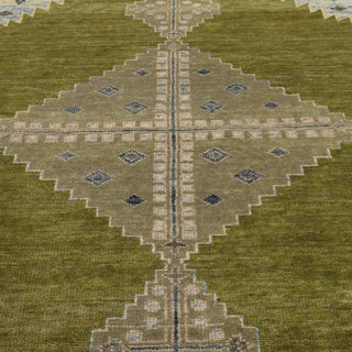 Hand-knotted wool rug featuring bold central diamond medallion, olive field, tan border, 8x10 size.