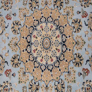 Hand-knotted wool rug featuring central medallion and allover floral vines in blue, cream, beige, 8x10.