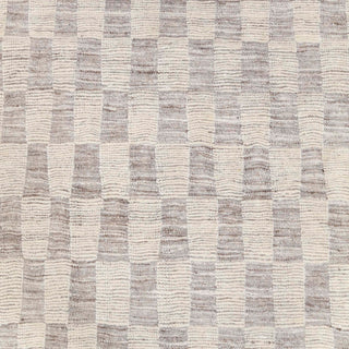 Hand-knotted wool rug featuring checkered pattern in beige taupe, 8x10 ft durable low pile.