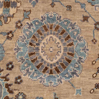 Hand-knotted wool rug featuring classic Oushak medallions and vines in beige, blue, brown tones, oversized 12x15 area.