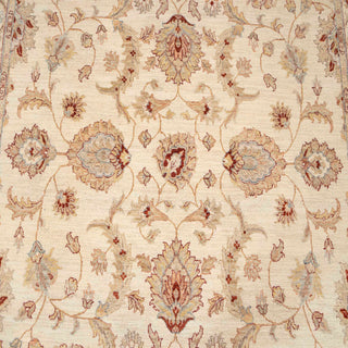 Hand-knotted wool rug featuring classic Persian floral pattern in ivory, taupe, red accents, 8x10 ft