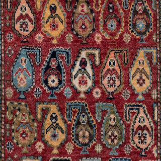 Hand-knotted wool rug featuring colorful boteh pattern in red, blue, green, yellow, 3x5 size.