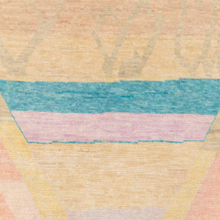 Hand-knotted wool rug featuring contemporary geometric pattern in soft peach, mint, yellow, aqua, 10x14.