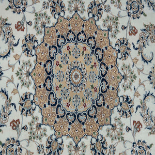 Hand-knotted wool rug featuring dense floral medallion pattern in ivory wool  and silk persian carpet