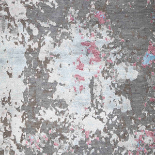 Hand-knotted wool rug featuring drip blotch pattern in grey pink brown, 9x12 feet.