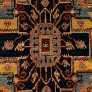 Hand-knotted wool rug featuring geometric Heriz/Serapi medallion pattern in rust, mustard gold, teal, and navy, 6x9 ft