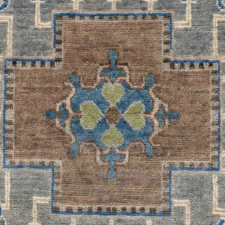Hand-knotted wool rug featuring geometric Oushak medallion and border in slate grey, blue, cream, 9x12.