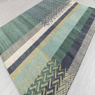 Hand-knotted wool rug featuring geometric chevron and stripe pattern in green blue tones, 9x12.