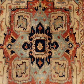 Hand-knotted wool rug featuring geometric medallion and corner motifs in ivory, brick red, aqua, and navy, 5x8 ft