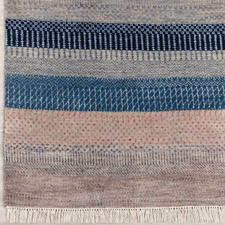 Hand-knotted wool rug featuring geometric stripe and small motif pattern in navy, teal, beige, 2.6x8.
