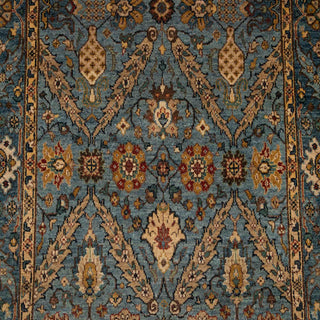 Hand-knotted wool rug featuring intricate garden lattice and floral pattern in slate blue and beige, 4x6 ft