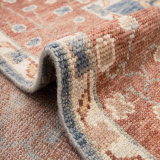 Hand-knotted wool rug featuring large Oushak palmettes in blue, rust, gold, 9x12 area rug.