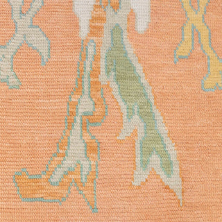 Hand-knotted wool rug featuring modern Oushak floral pattern in orange, pink, blue, green, 9x12 size

