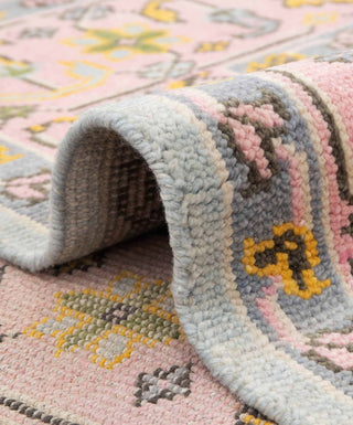 Hand-knotted wool rug featuring modern Oushak geometric pattern in mint blue, blush pink, yellow, 8x10.