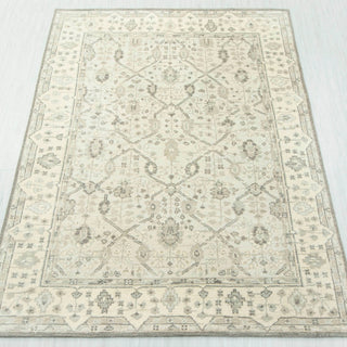 Hand-knotted wool rug featuring muted medallion and vine pattern in ivory, taupe, gray, 8x10.

