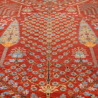 Hand-knotted wool rug featuring paradise garden motifs, arches and cypress trees in rust, sky blue and gold, 9x12 ft.