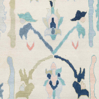 Hand-knotted wool rug featuring pastel Oushak pattern in ivory, blue, green, coral, 8x10 area