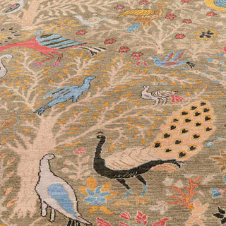 Hand-knotted wool rug featuring peacocks, cranes, florals in beige, blue, coral, 6x9 ft