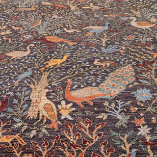 Hand-knotted wool rug featuring peacocks, cranes, florals in dark brown, teal, rust, gold, 9x12