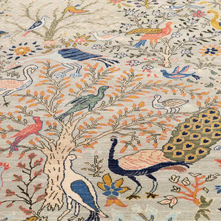 Hand-knotted wool rug featuring peacocks, cranes, florals in grey, navy, teal, coral, 6x9 ft