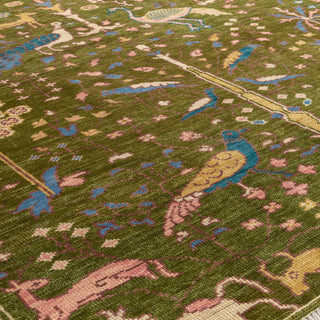 Hand-knotted wool rug featuring peacocks, deer and floral garden motifs in green and pastels, 6x9