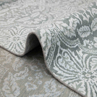 Hand-knotted wool rug featuring repeating trellis medallions in gray ivory, 9x12 ft. Low pile durable