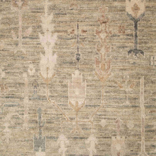Hand-knotted wool rug featuring soft Oushak botanical pattern in neutral beige, gray, sand, 10x14 size.