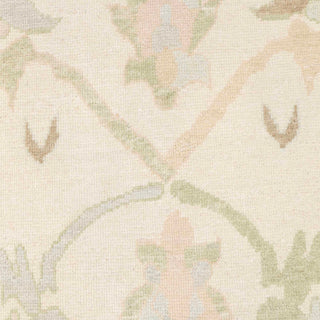 Hand-knotted wool rug featuring soft Oushak medallion and floral pattern in cream, sage, pink, 9x12