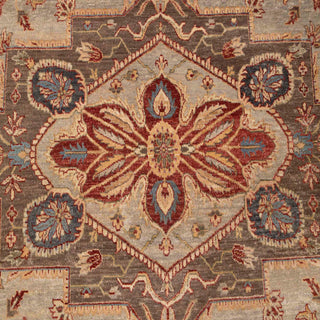 Hand-knotted wool rug featuring soft floral palmettes and central medallion in taupe, gold, red, 8x10.