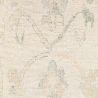 Hand-knotted wool rug featuring subtle tribal Oushak pattern in cream, soft grey, sand, 8x10 size