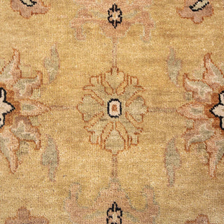 Hand-knotted wool rug featuring traditional Oushak floral pattern in mustard gold, ivory, taupe, 5x8