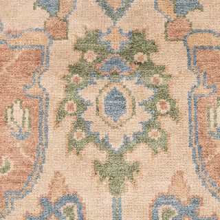 Hand-knotted wool rug featuring traditional Persian floral pattern in beige, tan, blue, and sage, 9x12.