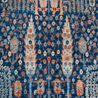Hand-knotted wool rug featuring tree-of-life and paradise garden motifs in blue, terracotta and beige, 9x12 ft.