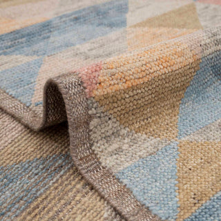  Hand-knotted wool rug featuring triangle pattern in beige, dusty blue, pink, teal. 8x10 ft modern boho