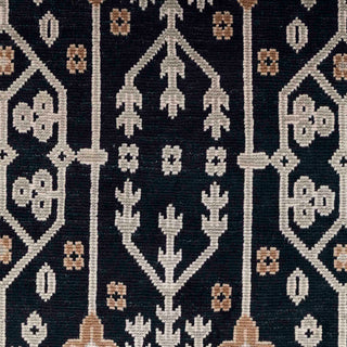 Hand-knotted wool rug featuring tribal floral and tree pattern in charcoal, ivory, camel, 9x12 size.