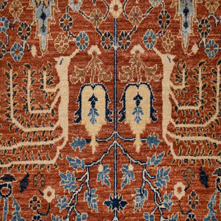 Hand-knotted wool rug featuring vase, cypress and floral garden motifs in rust, cream and blue, 9x12 ft.