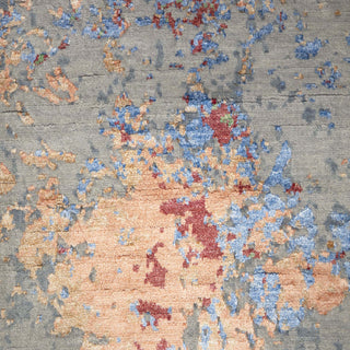 Hand-knotted wool rug featuring watercolor blotches in teal orange charcoal, 8x10 ft. High-low durable